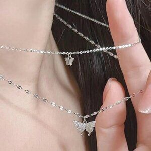 Fashionable Silver Butterfly Pendant Multi-layer Necklace Jewelry Women One Size